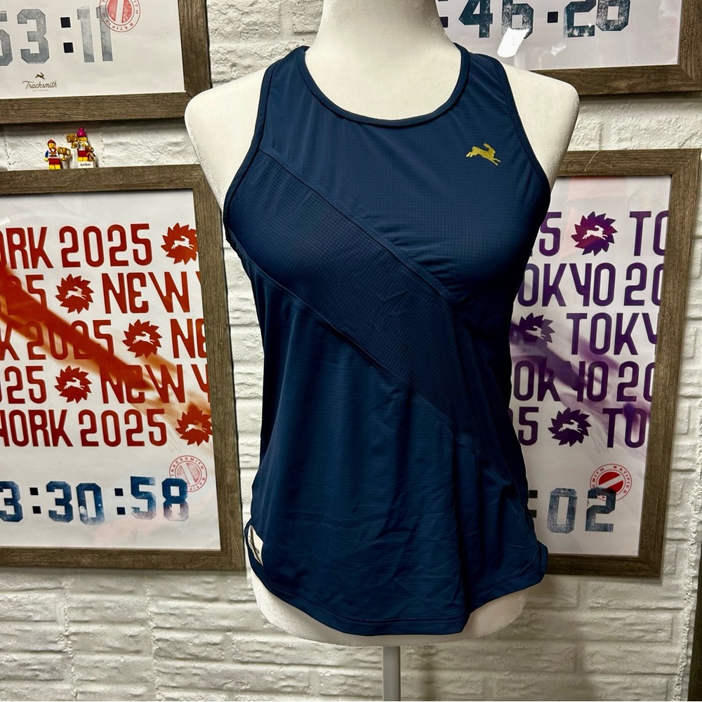 Tracksmith Navy Racerback Tank with Gold Hare Logo